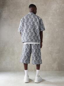 SUMWON Luxury Pattern Co-Ord Set Boxy Short Sleeve Shirt With Matching Shorts Summer Resort Collection Abstract Wave Print Vacation Beach Streetwear Two-Piece Outfit - Blue - View 2