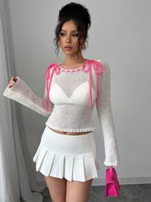 SHEIN Unity 女士优雅系带蝴蝶结针织修身套头毛衣，秋冬款 - 白色 - 查看 7