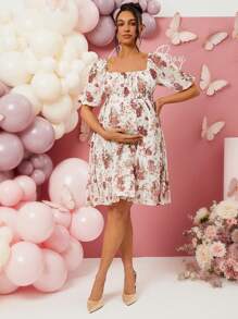 Loomaby Maternity Floral Print Ruffle Hem Gender Reveal Dress For Baby Shower Party, Valentine's Day - Pink - View 6
