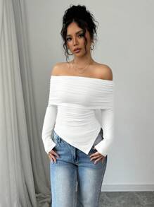 Elenzga 女士优雅露肩大翻领抽绳下摆方领修身 T 恤，春/秋 - 白色 - 查看 3