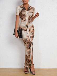 SHEIN Essnce 女士前扣短袖褶饰花卉简约长裙