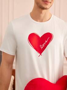 Notgurli Men's Pajama Set With Heart Pattern T-Shirt And Long Pants, For Christmas - Red and White - View 3