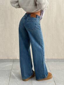 SHEIN PETITE Petite Low Waist Casual Wideleg Jean - Medium Wash - View 2