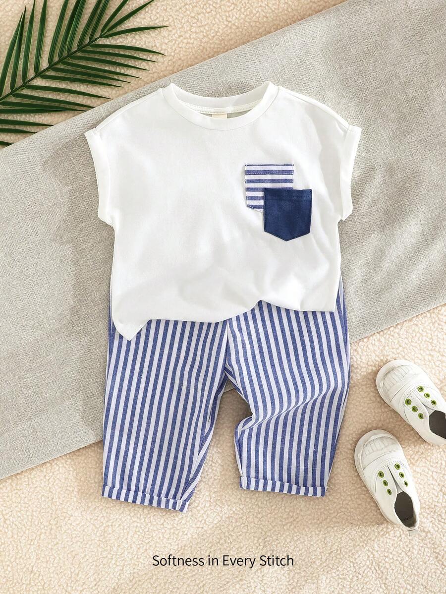 Cozy Pixies 2pcs/Set Baby Boy Decorative Pocket Knitted Soft Round Neck Raglan Short Sleeve Pullover Top And Striped Pants Set - Multicolor - View 1