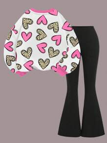 Valentine's Day Leopard & Heart Pattern, Tween Girls Knit Crew Neck Letter Graphic Loose Sweatshirt And Flare Leg Pants 2Pcs Casual Outfit