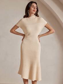 Anewsta Women's Ribbed Asymmetric Half-Turtleneck Fitted Pullover Knit Dress - Apricot - View 3
