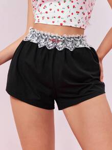 ROMWE Kawaii Lace Splice Embroidered Baby Design Pajama Bottoms - Black - View 1