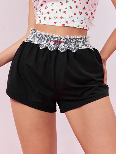 Kawaii Bas de pyjama bébé avec empiècement en dentelle et broderie