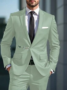 Manfinity Mode 2 件套男士纯色长袖口袋简约上衣和长裤西装套装男士漂亮西装舞会西装男士舞会西装男士休闲西装男士修身西装 - 綠色 - 查看 6