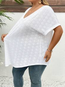 SHEIN CURVE+ Áo thun tay ngắn màu trắng thời trang ngày của mẹ cỡ lớn cho nữ phong cách Boho nghỉ dưỡng - trắng - Xem 12