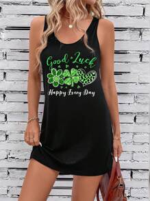 EMERY ROSE Casual Minimalist Lucky Four-Leaf Clover & Leopard Print Tank Dress Suitable For Party - Black - View 1