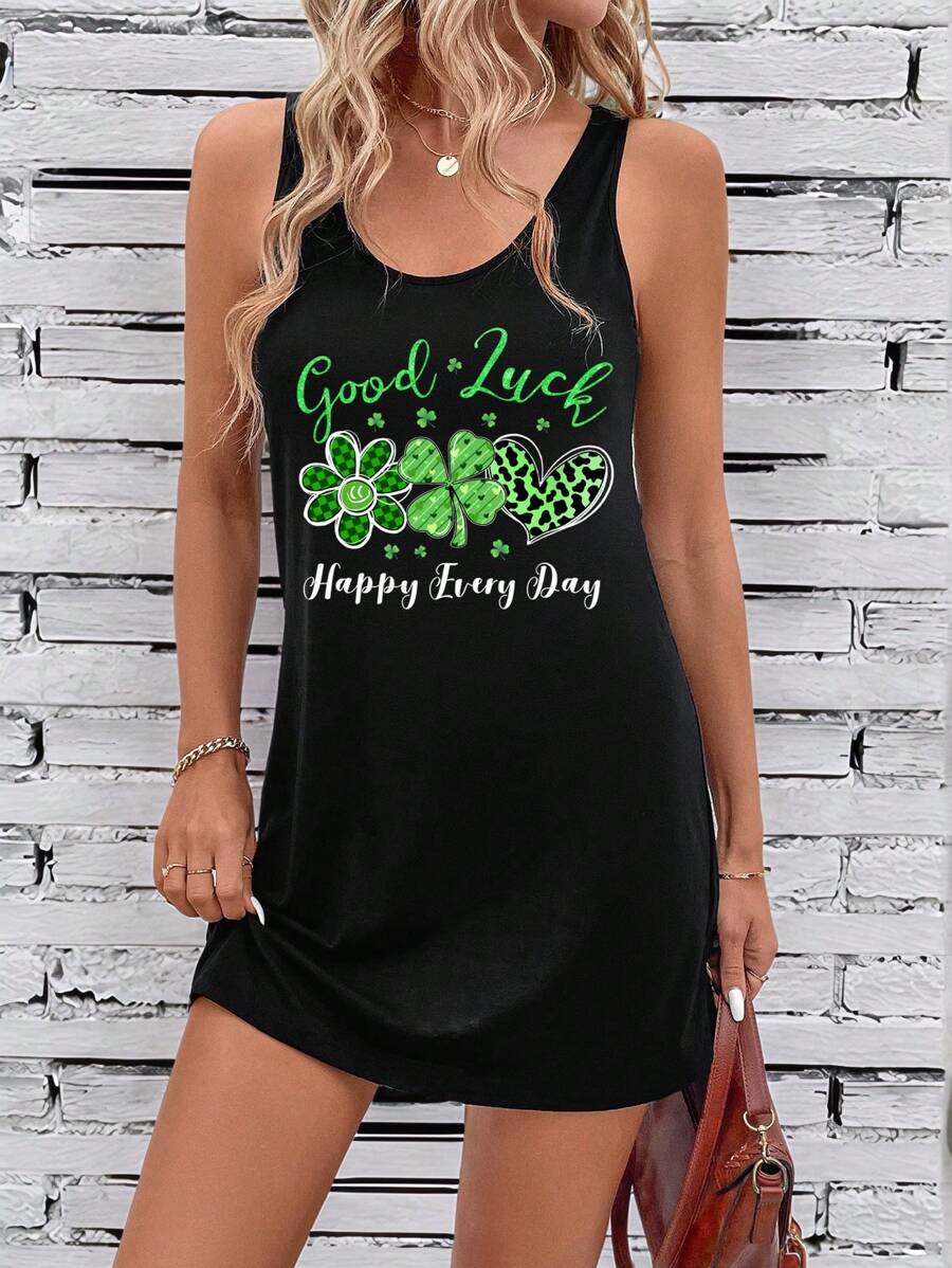 EMERY ROSE Casual Minimalist Lucky Four-Leaf Clover & Leopard Print Tank Dress Suitable For Party - Black - View 1