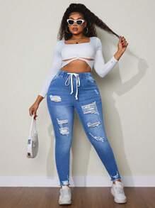 SHEIN SXY 大码弹性腰部时尚百搭牛仔裤