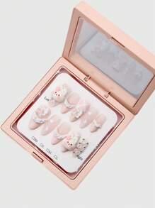 ROMWE Kawaii 10 stuks handgemaakte schattige opdrukbare nagels in konijnenstijl + 3 stuks dubbelzijdige kleefstof, Y2K French Manicure Bowknot geverfde nagelstickers, hoogwaardige patchwork nagelkunst, geschikt voor festivals, feesten, dansen en dagelijks gebruik (sieradendoosverpakking)