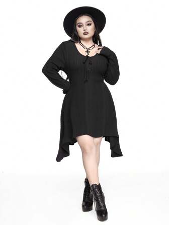 Goth Abito da donna taglie forti con orlo asimmetrico e allacciatura frontale in pizzo, versatile per varie occasioni, adatto per il passaggio autunno/inverno, Ognissanti