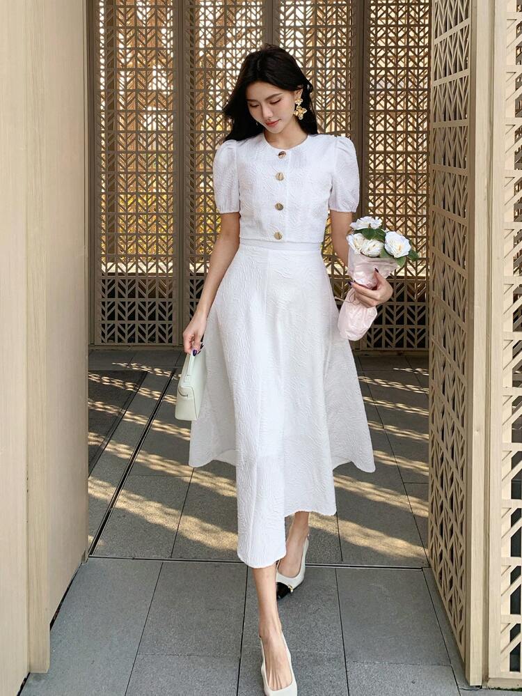 2pcs Women Textured Fabric Short Sleeve Vest And Skirt Set