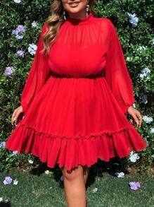 Flirla Robe élégante à col montant, manches longues, taille froncée, ourlet en forme de A, transparente - Rouge - Voir 7