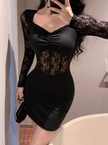 DAZY Sheer Lace Patchwork Fitted Waist Mini Black Dress For Women,Fall Dress Long Sleeve Dress