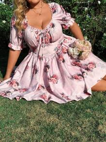 Flirla Plus Size Women Boho Square Neck Bowknot Waist Print Short Sleeve Elegant Vintage Resort Dress, For Summer - Pink - View 3