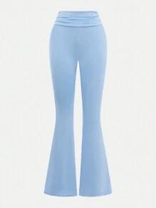 SHEIN Girlism 2pcs/Set Teen Girl Solid Color Casual Ruched T-Shirt And Low Waist Flared Pants Set Holiday Outfits - Blue - View 7