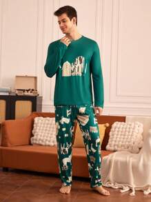 Happy Jammies Conjunto de pijama de pantalón largo y top de manga larga con estampado de vaca para hombre