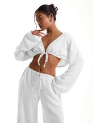 MUSERA Linen Feel Tie Front Wide Sleeve Beach Top Vacation Boho Vacation Sexy Elegant Ibiza Holiday Going Out Tops Club Winter Party Fall Winter Elegant