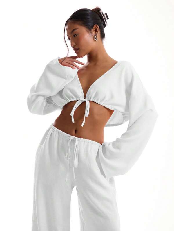 MUSERA Linen Feel Tie Front Wide Sleeve Beach Top Summer Vacation Boho Vacation Spring Sexy Elegant Ibiza Holiday