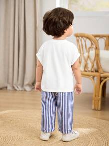 Cozy Pixies 2pcs/Set Baby Boy Decorative Pocket Knitted Soft Round Neck Raglan Short Sleeve Pullover Top And Striped Pants Set - Multicolor - View 9