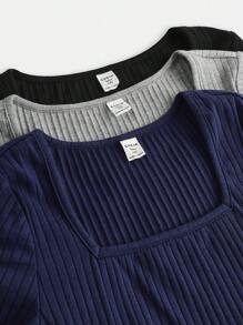 Girlism 3pcs Teens Girl Spring & Summer Ribbed Crew Neck All-Match Fitted Tees, Street Style, Casual, Versatile, Solid Colors - Blue, Black, Gray - Multicolor - View 3