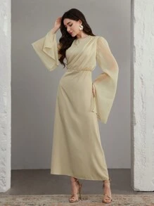 Graceveil Women's Solid Color Crew Neck Long Sleeve Mesh Patchwork Elegant Dress - Apricot - View 8