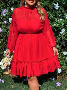 Flirla Robe élégante à col montant, manches longues, taille froncée, ourlet en forme de A, transparente - Rouge - Voir 6