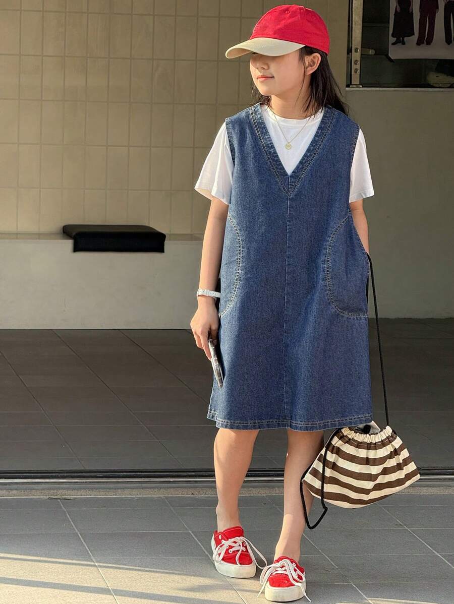 Dazy Kids Tween Girl Denim Jumper Dress - Blue - View 1