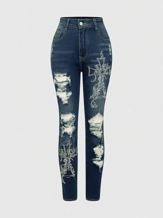 Grunge Punk Plus Size Punk Vintage Distressed Cross Cut Out Skinny Jeans