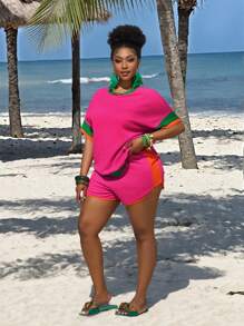 Slaydiva 2025 New Versatile Daily Casual All-Match Minimalist Plus Size Women 2 Pieces Set: Colorblock T-Shirt & Shorts - Multicolor - View 9