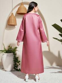 SHEIN 少女图案 V 领长袖长袍，花卉印花拼布下摆，宰牲节、开国纪念日节日休闲连衣裙 - 酒紅色 - 查看 3