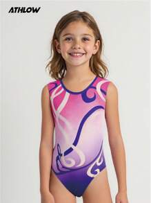 Traje de natación con malla ajustada y estampado para niñas pequeñas, apto para gimnasia, ballet y danza - Morado - Ver 1