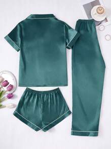 3pcs/Set Women Contrast Trim Solid Color Faux Silk Lapel Sleepwear Set