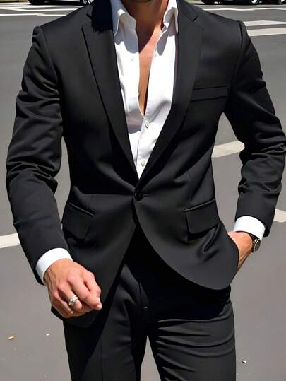 Calvornis Plus Size Men's Front Button Long Sleeve Pocket Simple Casual Suit Jacket Prom For Men, Simple Fashion Casual Daily Wear Casual Formal Blazer