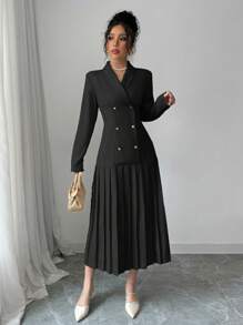 Elenzga Women's Elegant Commuter Turn-Down Collar Double-Breasted Cinched Waist Pleated Hem Long Sleeve Long Dress, Spring/Autumn/Winter Maxi Women Outfit Fall Cloth For Women - Black - View 6