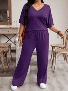 EMERY ROSE 2 Piezas del conjunto de talla grande con parte superior y pantalones de unicolor, uso casual de todos los días simple y de moda