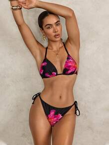 SHEIN Swim Conjunto de bikini de cuello de halter con estampado floral y de leopardo sexy para mujeres, para verano y vacaciones en la playa