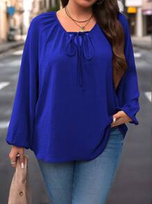 Plus Size Solid Color Front Tie Long Sleeve Simple Casual Blouse - Royal Blue - View 5