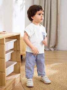 Cozy Pixies 2pcs/Set Baby Boy Decorative Pocket Knitted Soft Round Neck Raglan Short Sleeve Pullover Top And Striped Pants Set - Multicolor - View 8