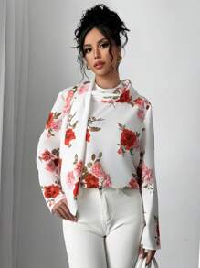 Calvaya Camisa de mujer con patrón de rosa y cuello de bufanda, manga larga, elegante