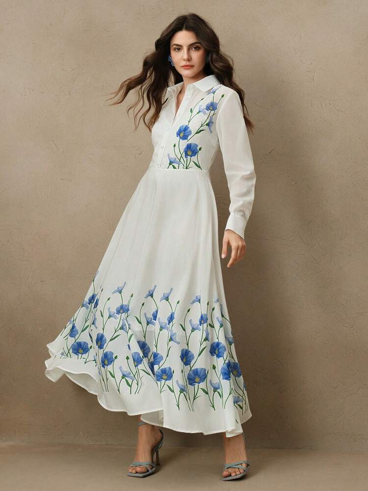 New Year's White Chiffon Print A-Line Long Sleeve Dress