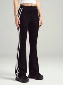 LYSMO Women's Side Stripe Elastic Waist Flare Leg Casual Pants, Versatile - Black and White - View 3