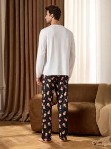 Notgurli 1 Set Men's Popcorn Print Long Sleeve Lounge Top And Pants Pajama Sets - Black and White - View 2