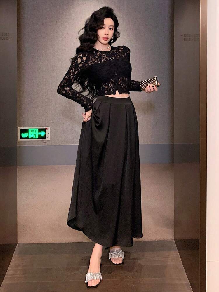 2pcs/Set Women Sheer Lace Top & A-Line Skirt, Sexy Outfit For Night Out,Fall Women Clothes