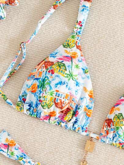 3pcs Women Summer Beach Outfits, Random Plant Print Backless Tie Strappy Bikini Set With Hair Scrunchie, Cute Bathing Suit
