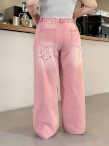 SHEIN EZwear Pantalones vaqueros informales sueltos de pierna ancha con bolsillos y bajo deshilachado para mujer de talla grande